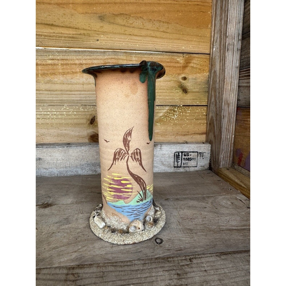 Jamaica Hand Made Tropical Ceramic Pottery Vase Real Sand and Seashells